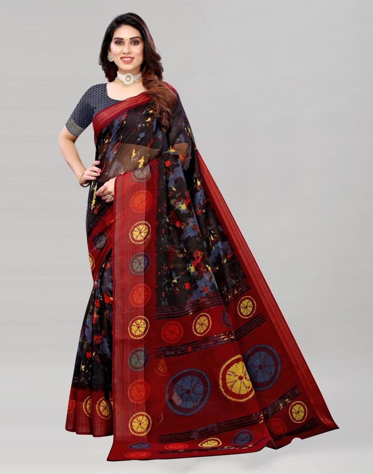 Black Coloured Poly Cotton Printed Saree | Sudathi