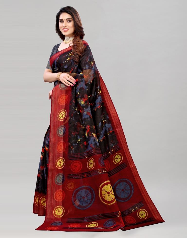 Black Coloured Poly Cotton Printed Saree | Sudathi