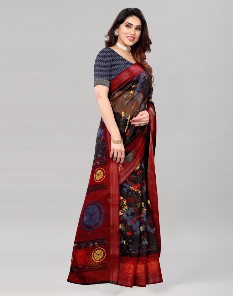 Black Coloured Poly Cotton Printed Saree | Sudathi