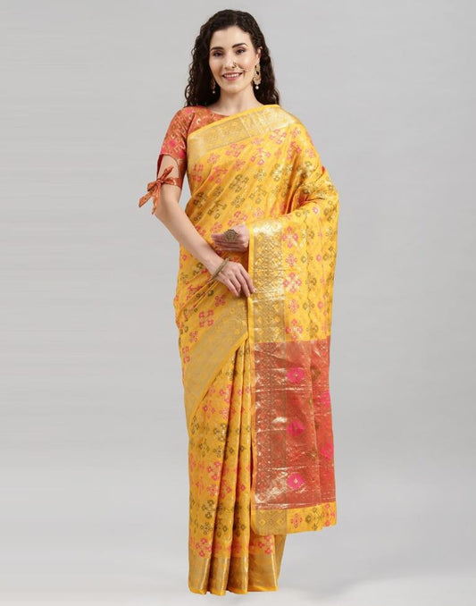 Yellow Coloured Poly Silk Banarasi Jacquard Saree | Sudathi