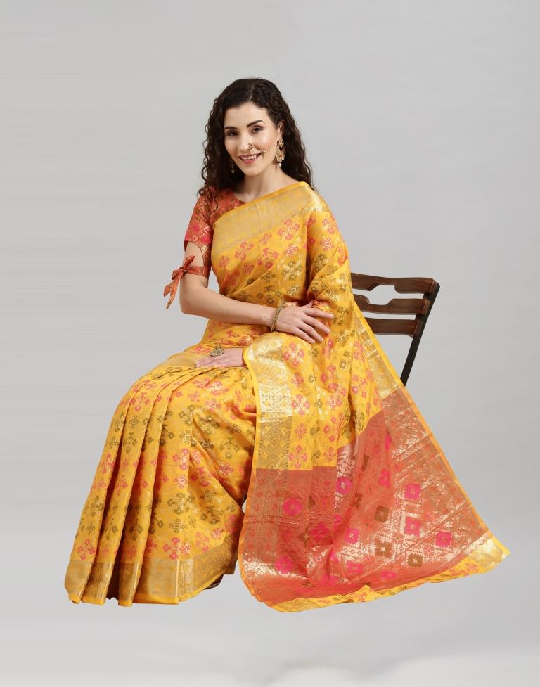 Yellow Coloured Poly Silk Banarasi Jacquard Saree | Sudathi