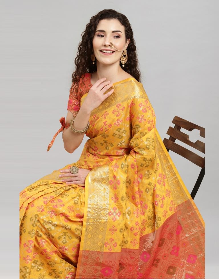 Yellow Coloured Poly Silk Banarasi Jacquard Saree | Sudathi