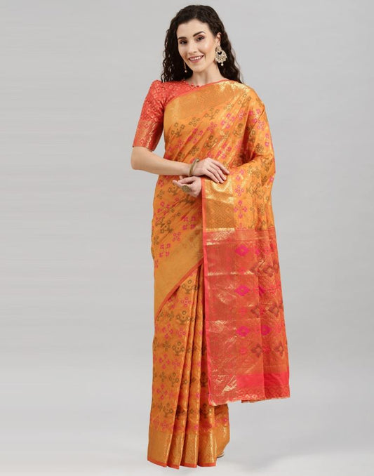 Dark Orange Coloured Poly Silk Banarasi Jacquard Saree | Sudathi