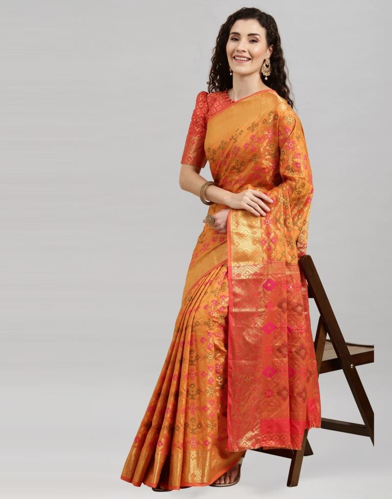 Dark Orange Coloured Poly Silk Banarasi Jacquard Saree | Sudathi