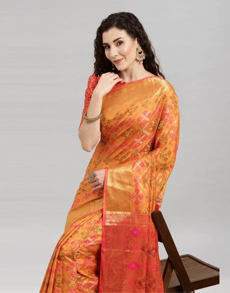 Dark Orange Coloured Poly Silk Banarasi Jacquard Saree | Sudathi