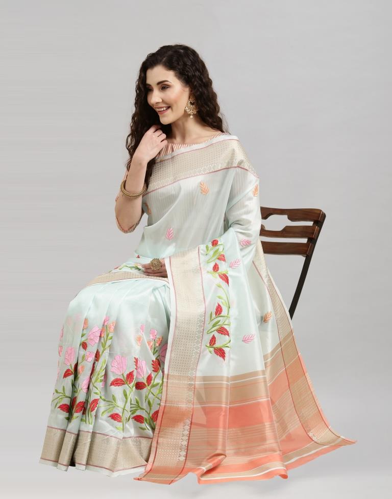 Light Blue Coloured Organza Embroidery Saree | Sudathi