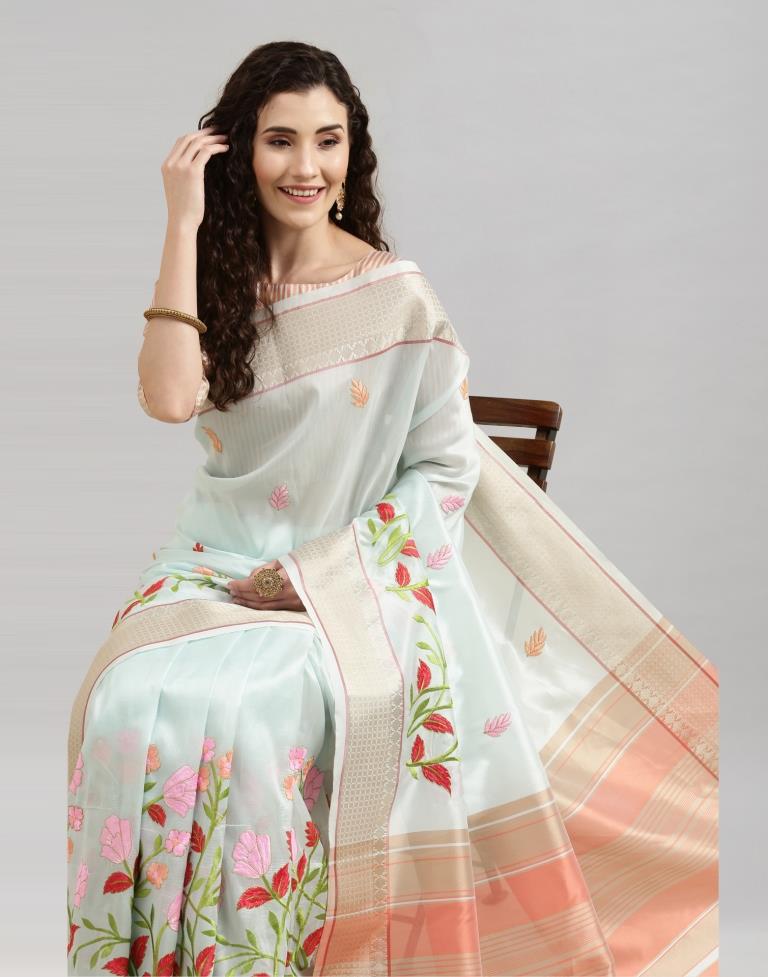 Light Blue Coloured Organza Embroidery Saree | Sudathi