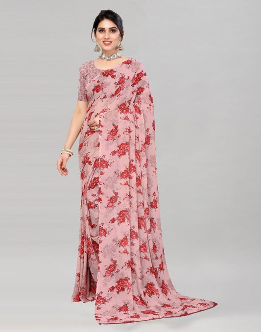 Dusty Pink Georgette Floral Printed Saree | Sudathi