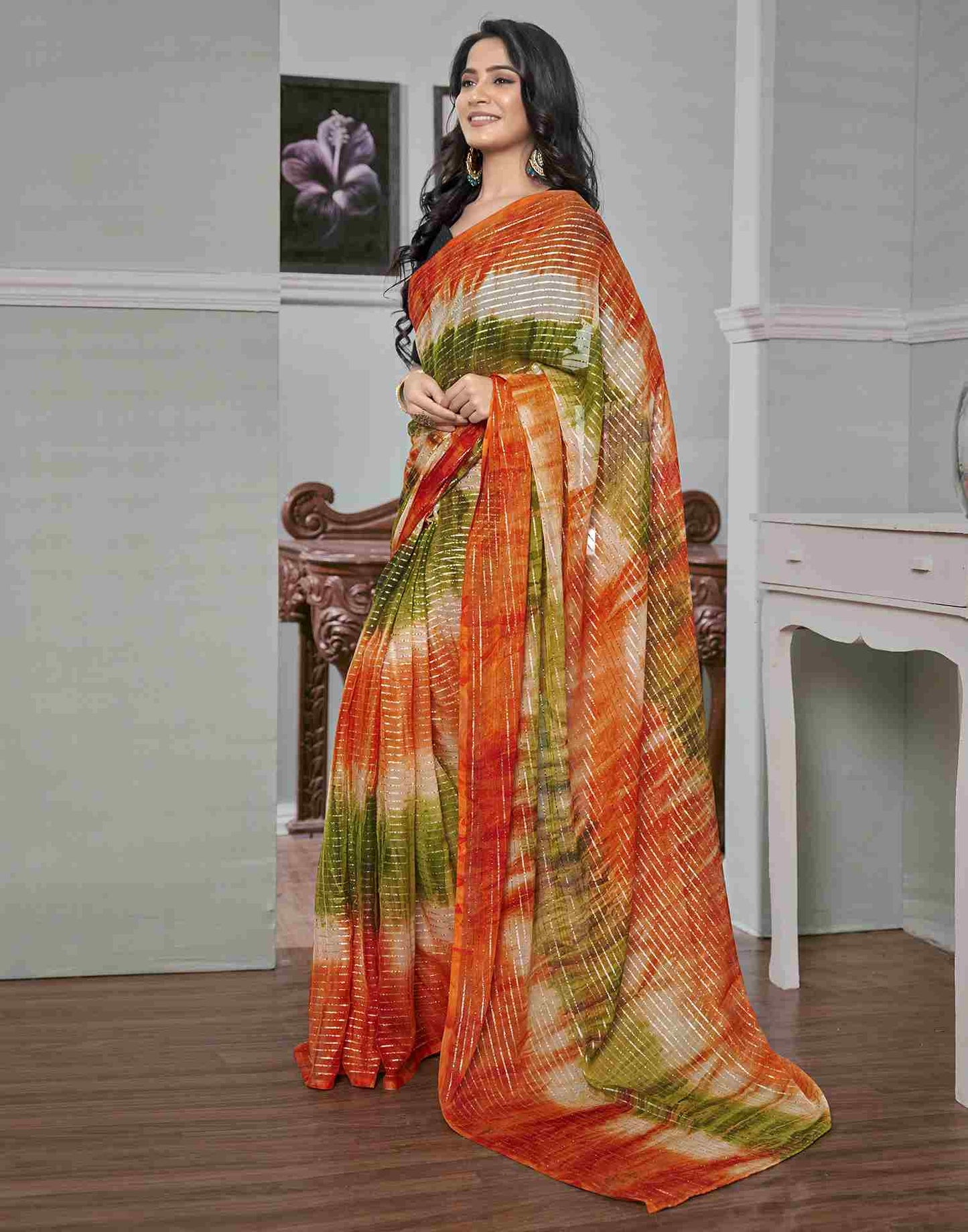 Ready To Wear Orange Georgette Printed Saree