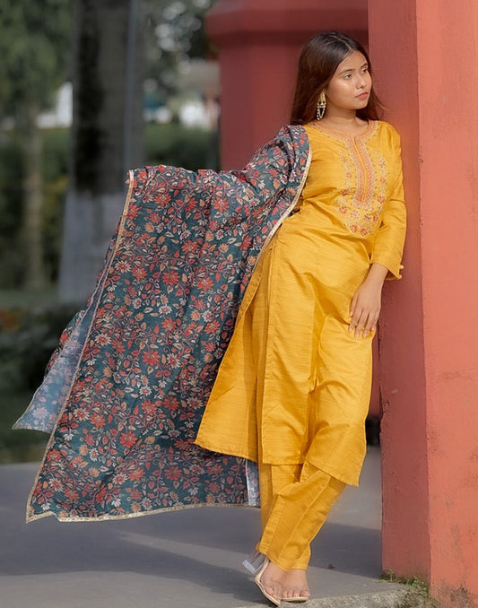 Mustard Kurti With Pant And Dupatta | Leemboodi