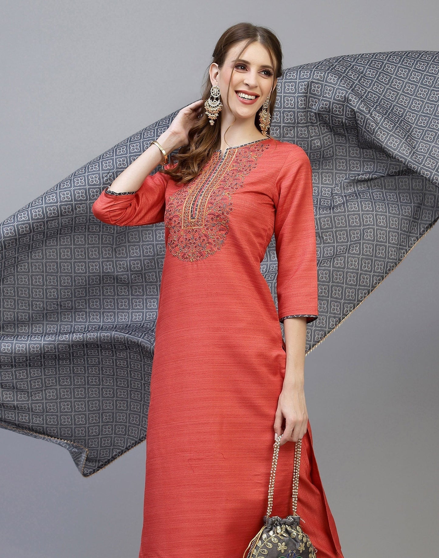 Coral Kurti With Pant And Dupatta | Leemboodi