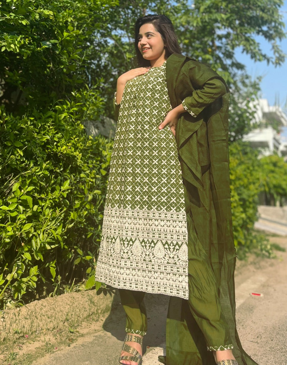 Olive Green Kurti With Pant And Dupatta | Leemboodi