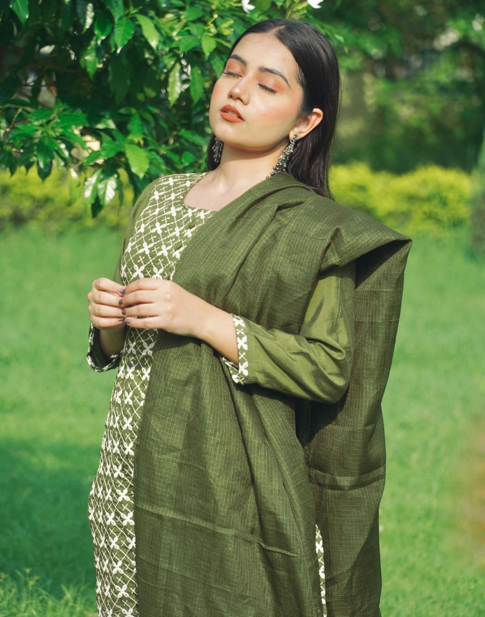 Olive Green Kurti With Pant And Dupatta | Leemboodi