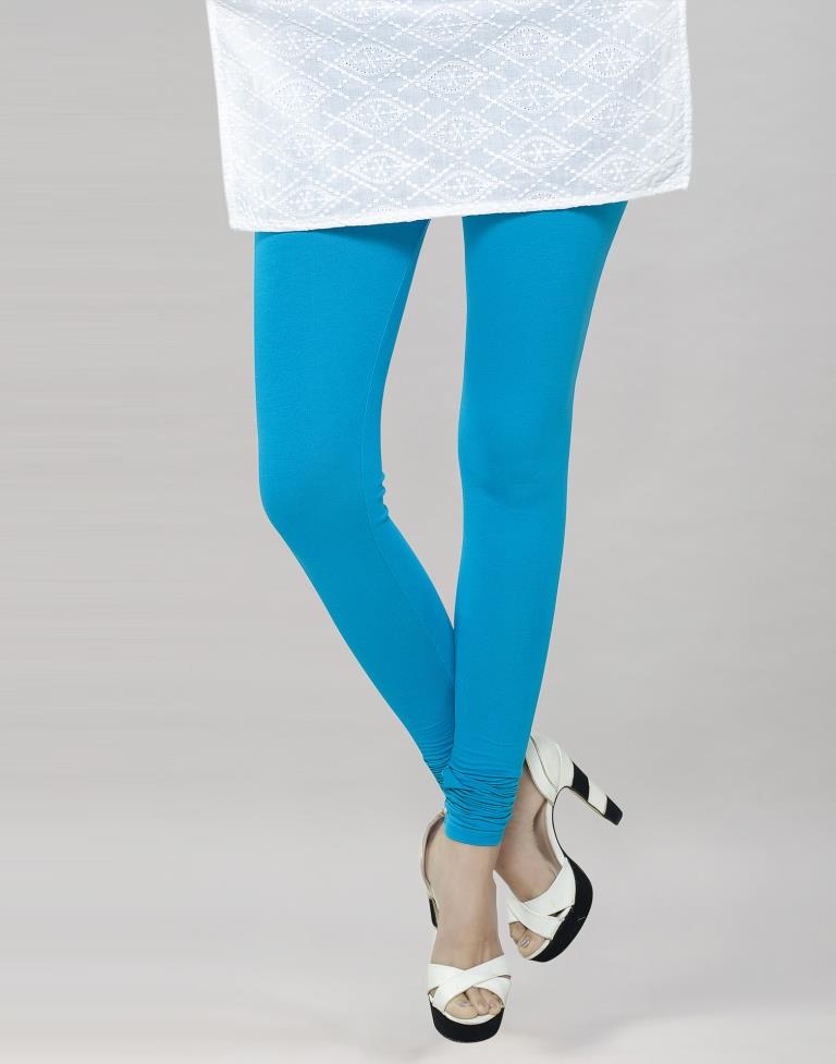 Designer Sky Blue Coloured Plain Cotton Leggings | Sudathi