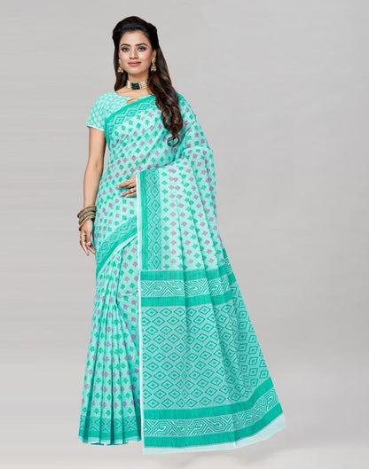 Turquoise Blue Coloured Cotton Printed Saree | Sudathi