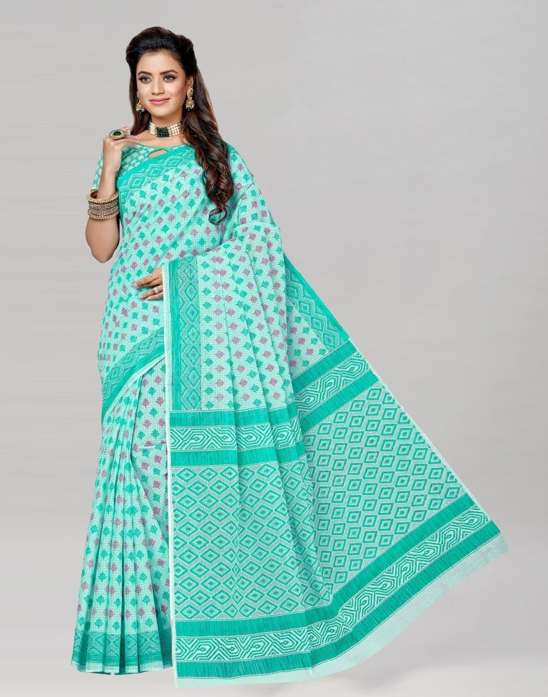 Turquoise Blue Coloured Cotton Printed Saree | Sudathi