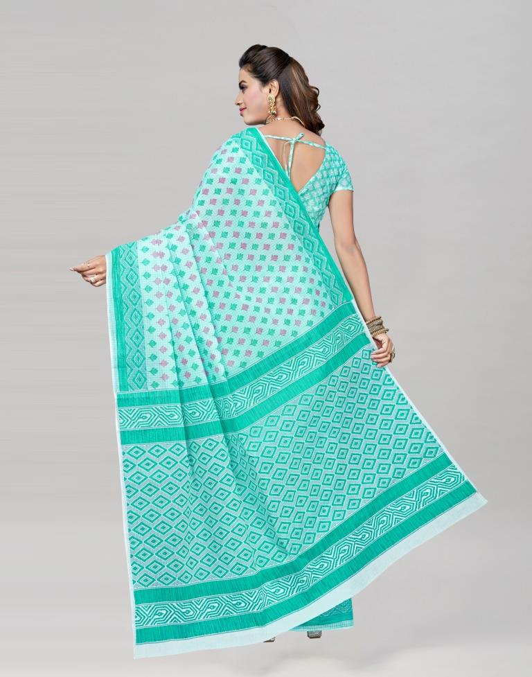 Turquoise Blue Coloured Cotton Printed Saree | Sudathi