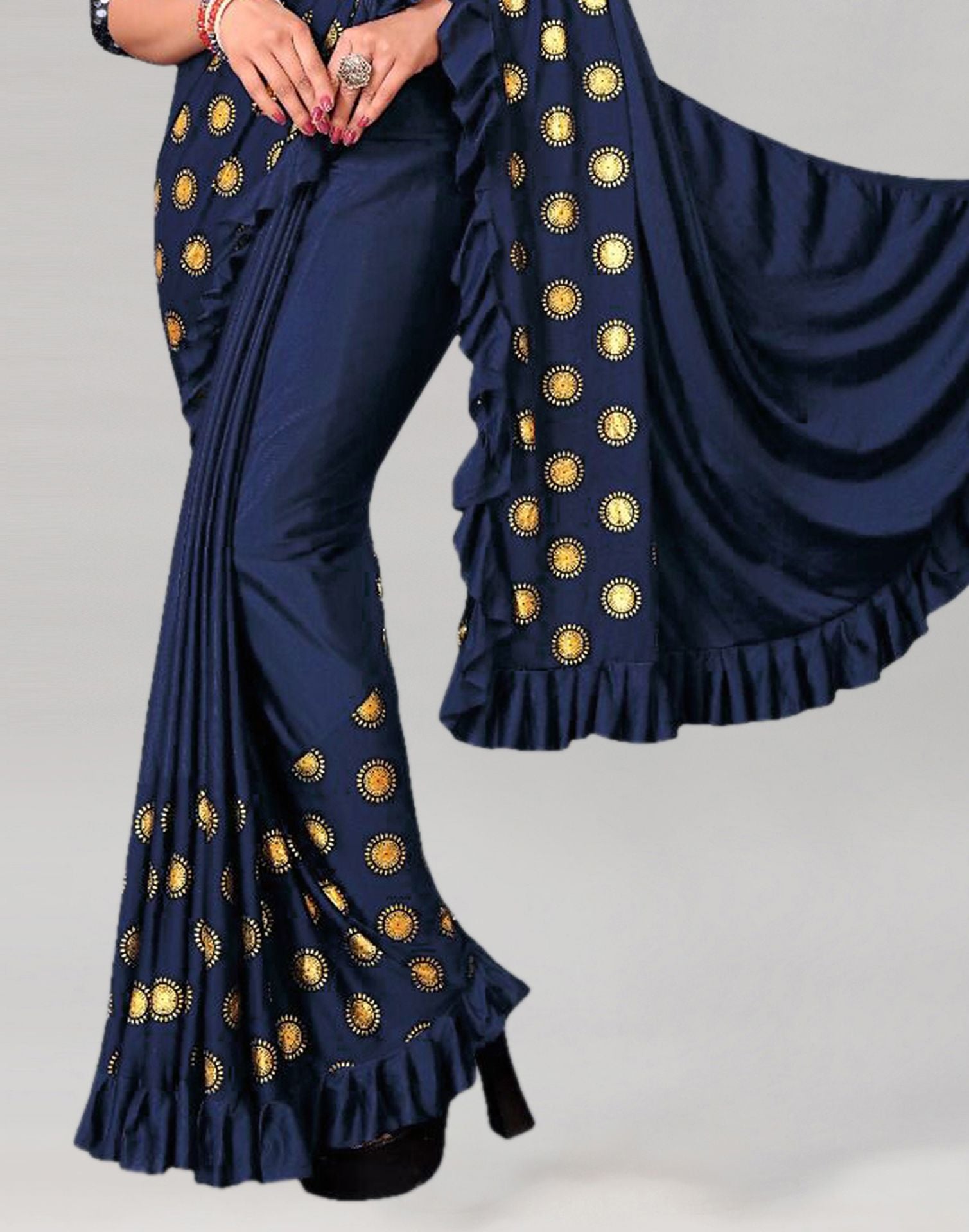 Navy Blue Printed Pre-draped Saree | Leemboodi