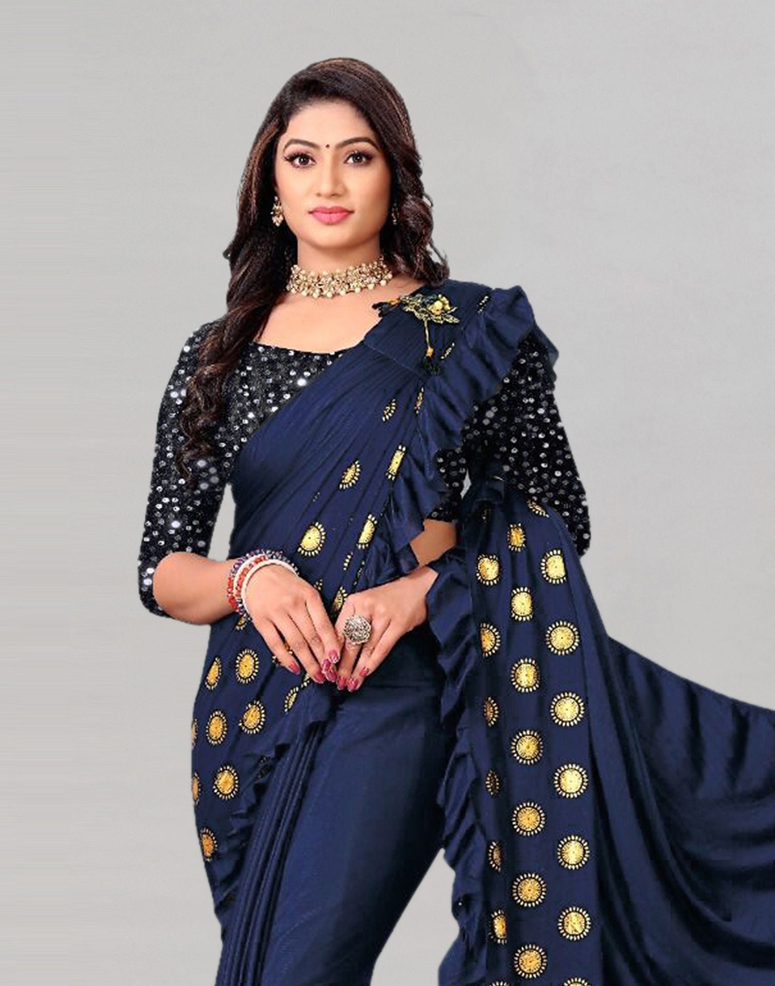 Navy Blue Printed Pre-draped Saree | Leemboodi