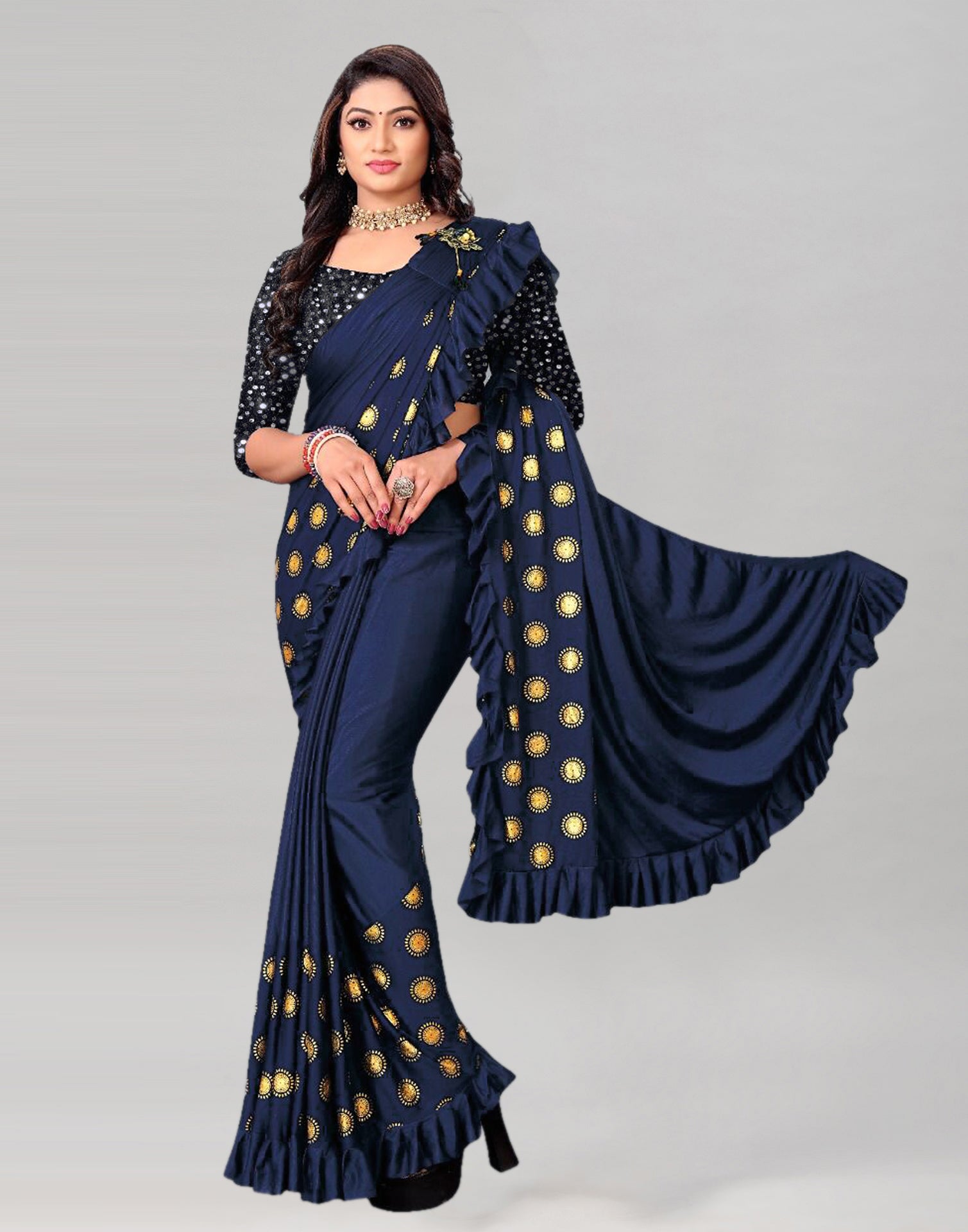 Navy Blue Printed Pre-draped Saree | Leemboodi