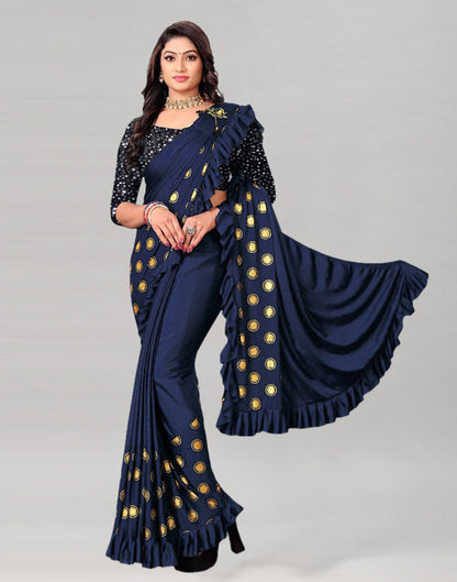Navy Blue Printed Pre-draped Saree | Leemboodi
