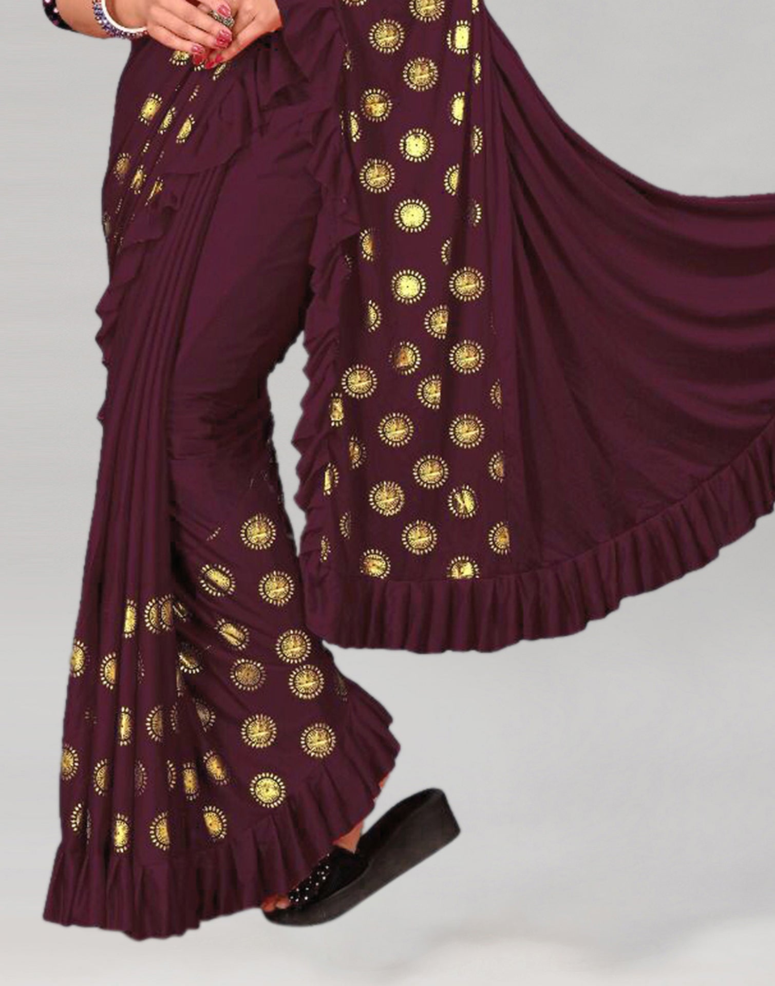 Dark Wine Printed Pre-draped Saree | Leemboodi