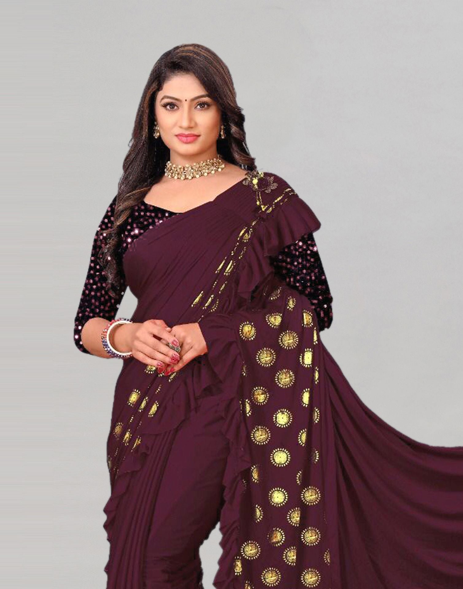 Dark Wine Printed Pre-draped Saree | Leemboodi