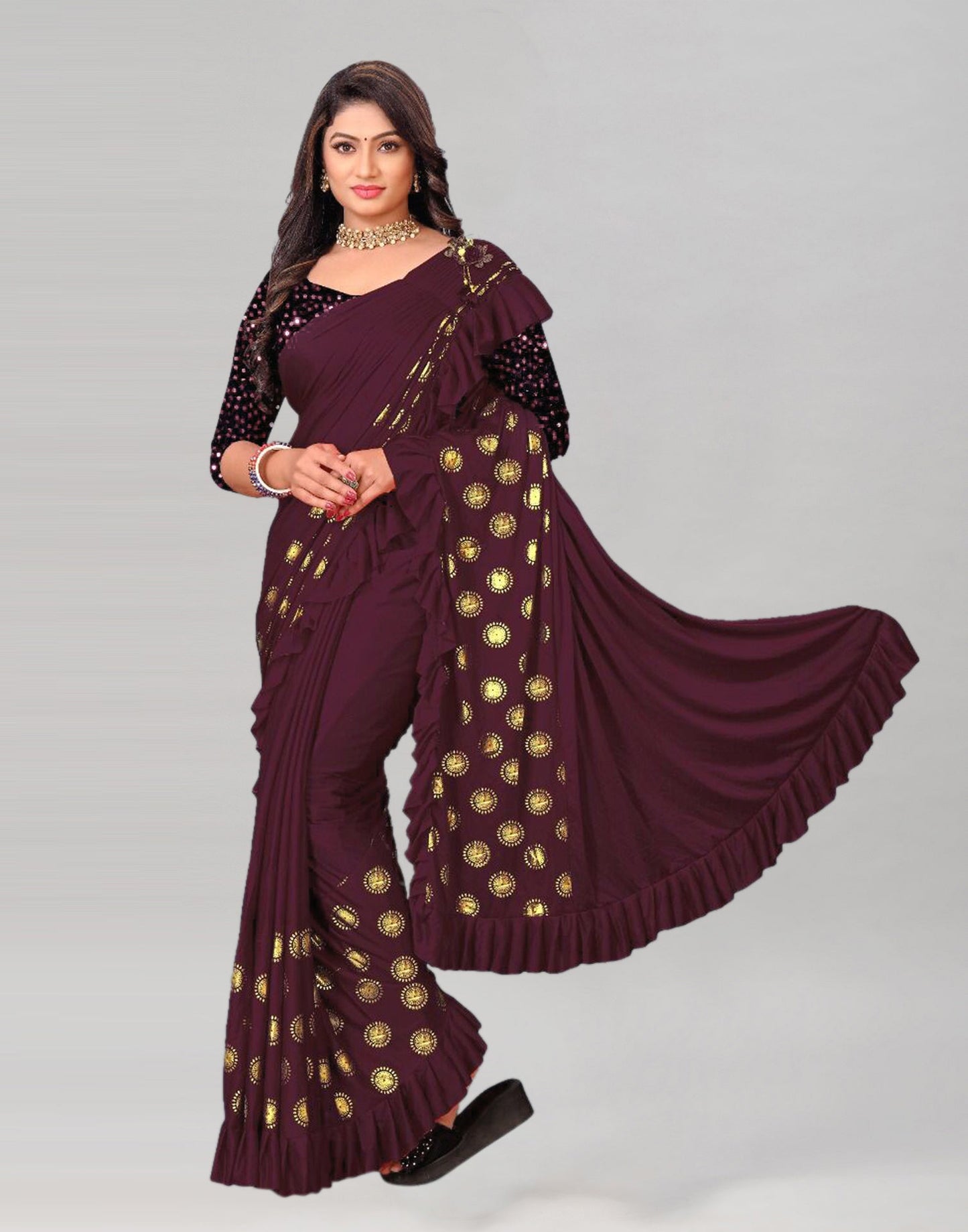 Dark Wine Printed Pre-draped Saree | Leemboodi