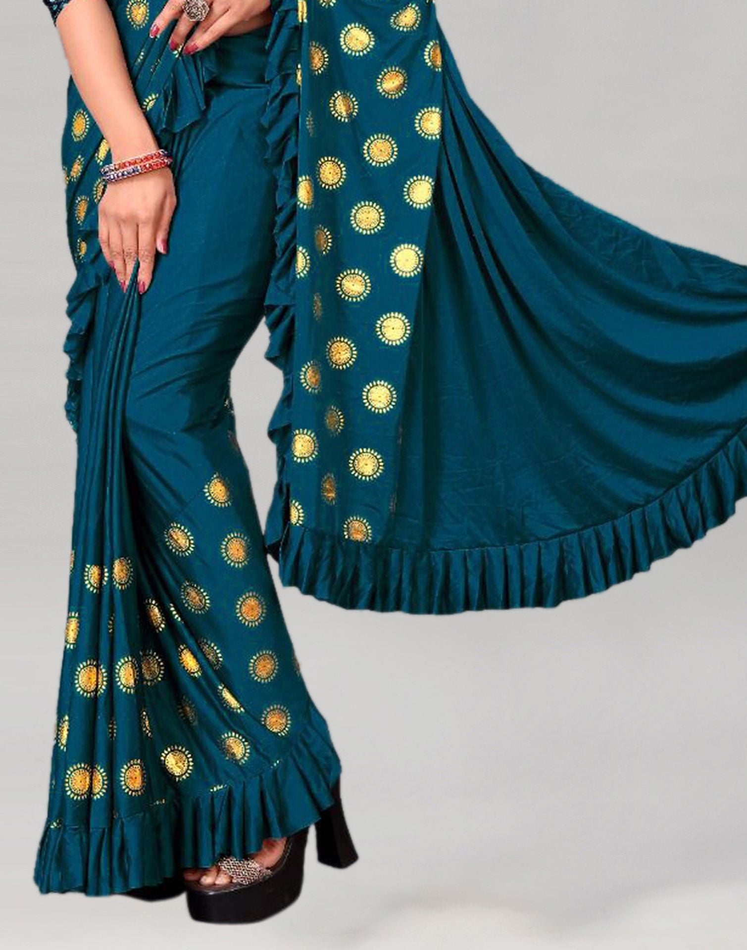 Teal Printed Pre-draped Saree | Leemboodi