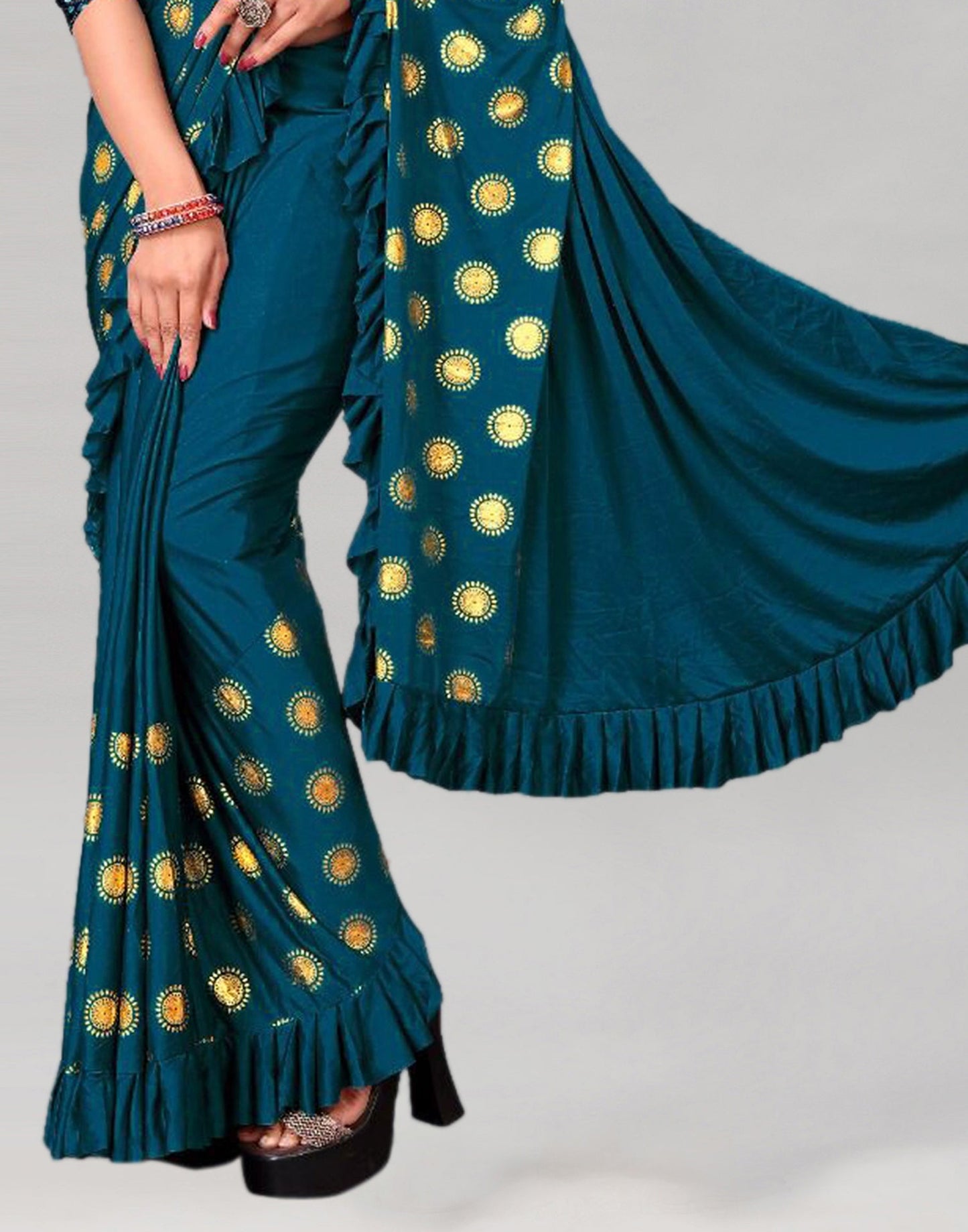 Teal Printed Pre-draped Saree | Leemboodi
