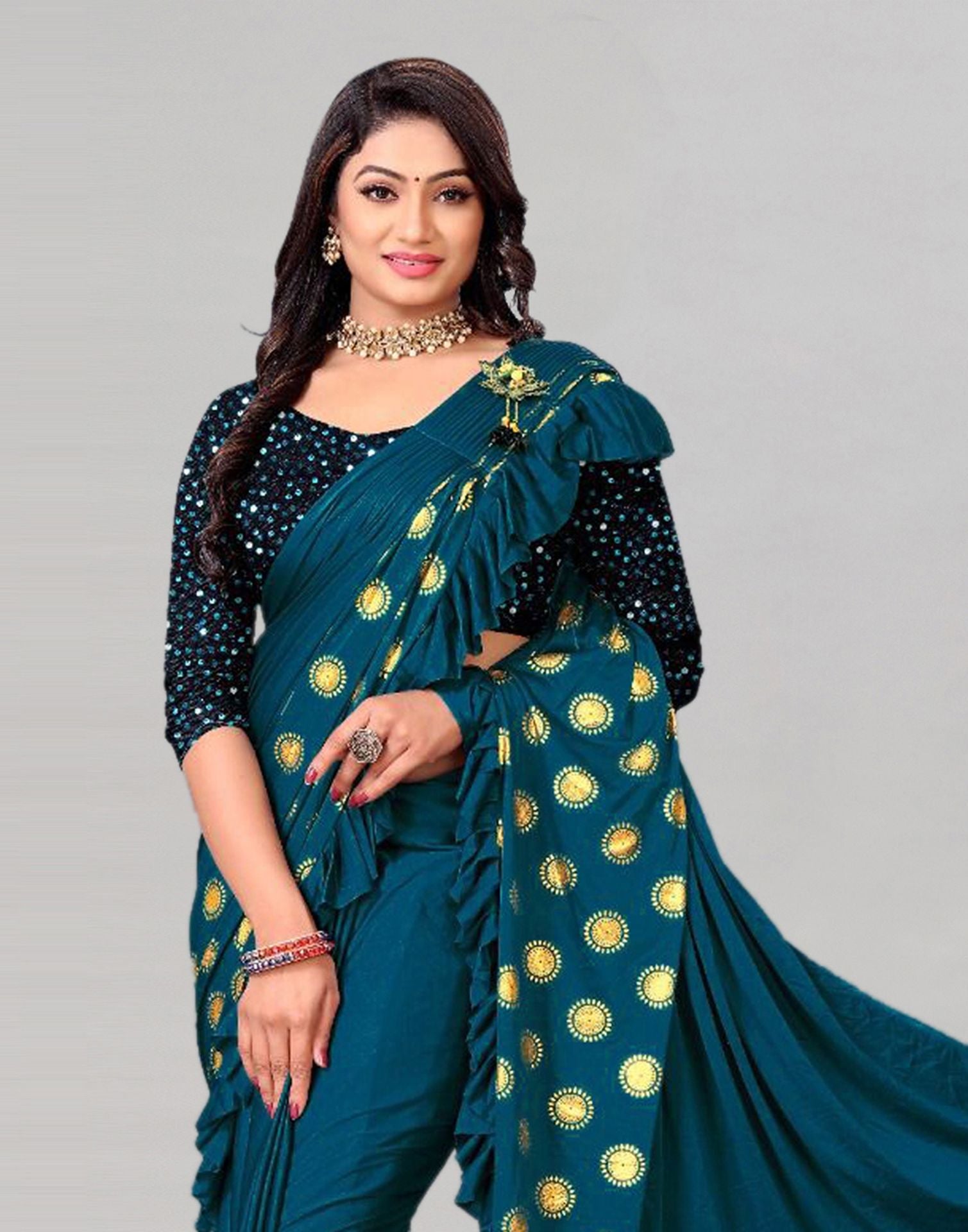 Teal Printed Pre-draped Saree | Leemboodi