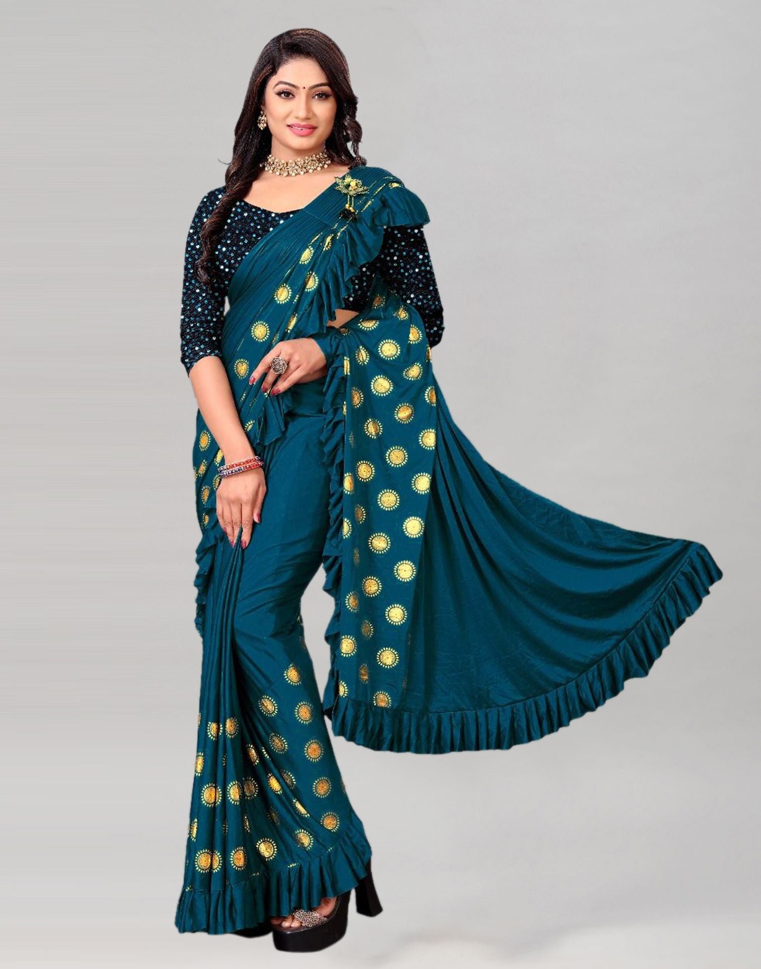 Teal Printed Pre-draped Saree | Leemboodi