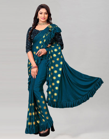 Teal Printed Pre-draped Saree | Leemboodi