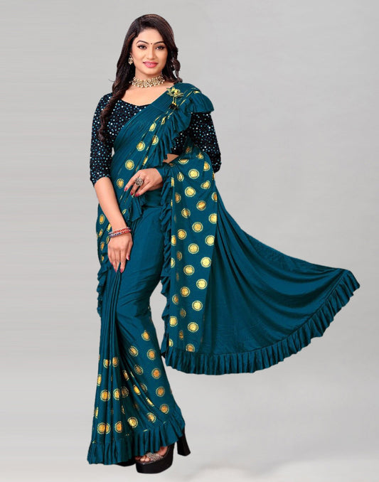 Teal Printed Pre-draped Saree | Leemboodi