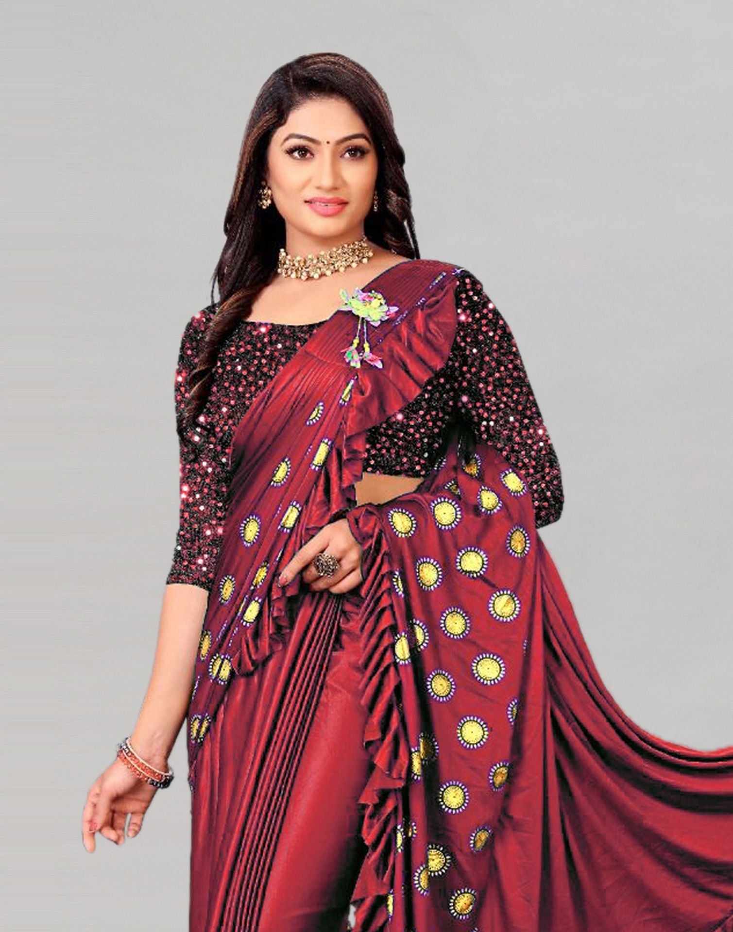 Red Printed Pre-draped Saree | Leemboodi