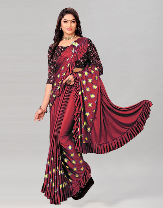 Red Printed Pre-draped Saree | Leemboodi