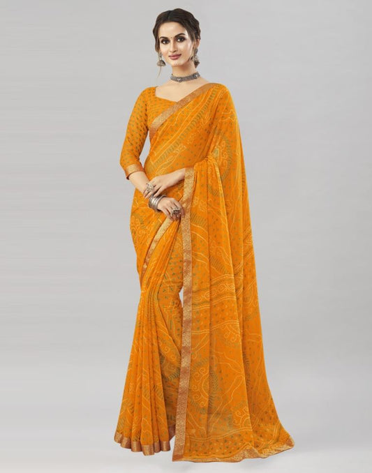 Turmeric Yellow Chiffon Bandhani Saree | Sudathi