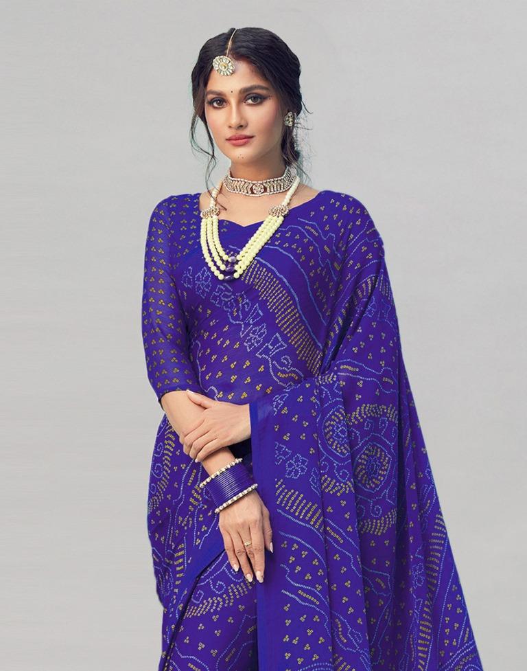 Royal Blue Coloured Chiffon Bandhani Printed Saree | Sudathi