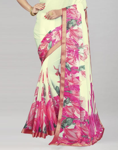 Cream Coloured Chiffon Floral Printed Saree | Sudathi