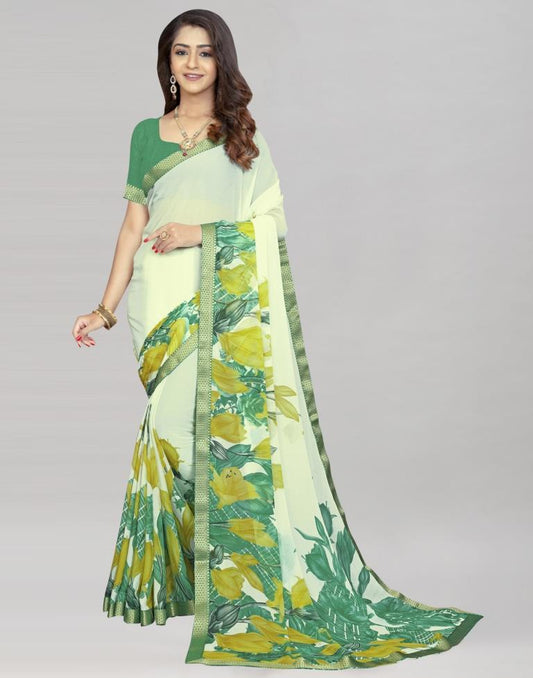 Cream Coloured Chiffon Floral Printed Saree | Sudathi