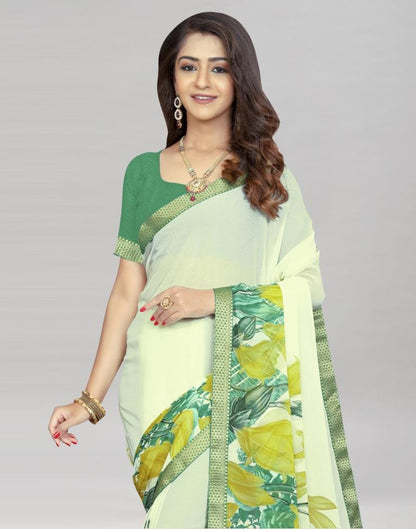 Cream Coloured Chiffon Floral Printed Saree | Sudathi