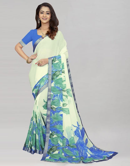 Cream Coloured Chiffon Floral Printed Saree | Sudathi