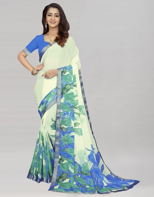 Cream Coloured Chiffon Floral Printed Saree | Sudathi