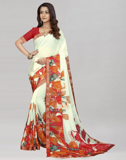 Cream Coloured Chiffon Floral Printed Saree | Sudathi
