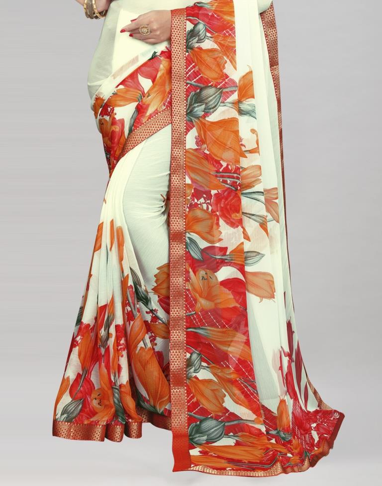 Cream Coloured Chiffon Floral Printed Saree | Sudathi
