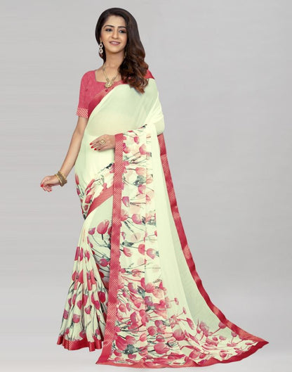 Cream Coloured Chiffon Floral Printed Saree | Sudathi