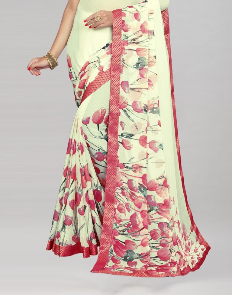 Cream Coloured Chiffon Floral Printed Saree | Sudathi