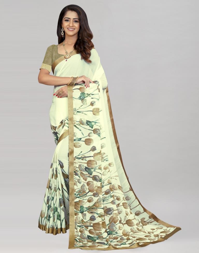 Cream Coloured Chiffon Floral Printed Saree | Sudathi