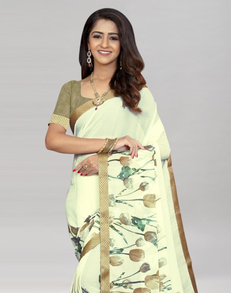 Cream Coloured Chiffon Floral Printed Saree | Sudathi