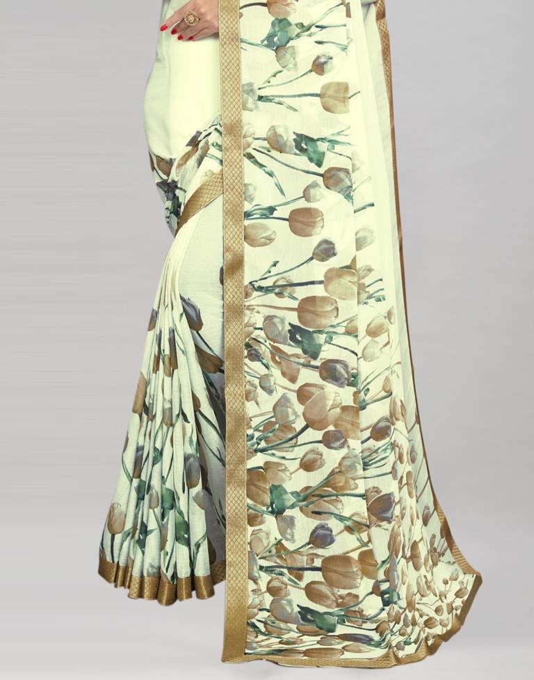 Cream Coloured Chiffon Floral Printed Saree | Sudathi